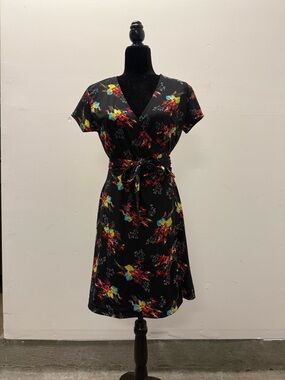 Esprit Black Floral Wrap Midi Dress with Red, Yellow & Blue Flowers
